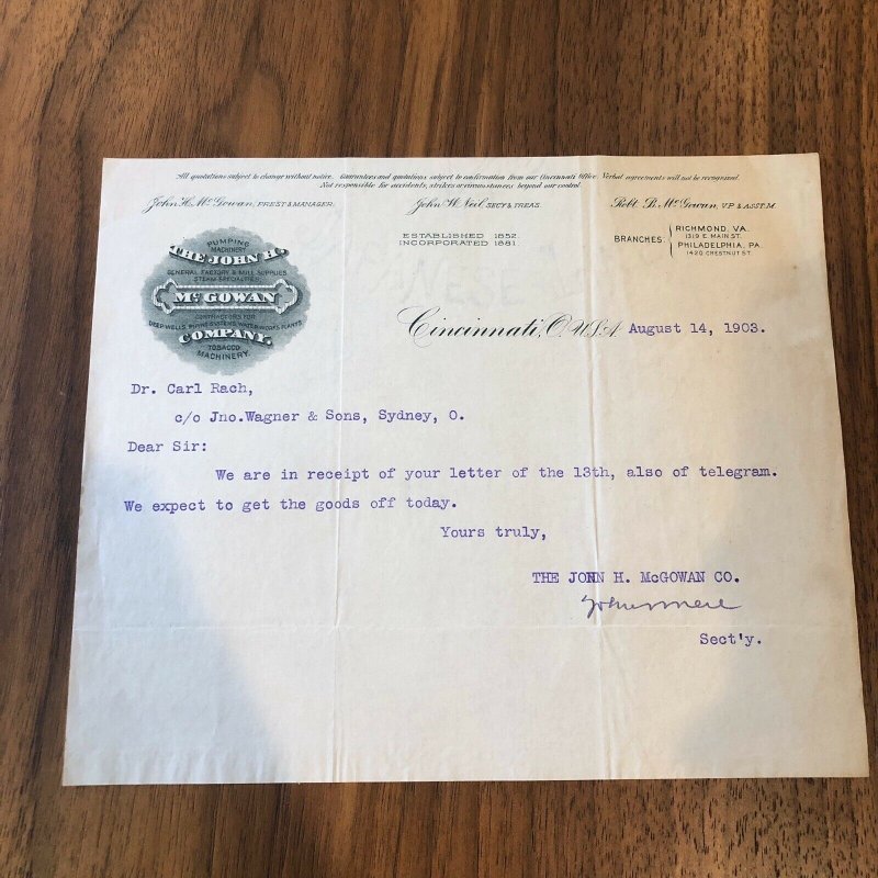 1903 - NEW YORK NY -  JOHN MCGOWAN COMPANY  - Letter