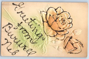 1910 Burwell Nebraska Vintage Postcard Greetings Glitter Rose Flowers Embossed