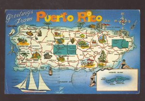 GREETINGS FROM PUERTO RICO ISLAND MAP VINTAGE POSTCARD