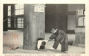 c1910 Postcard; Secret Passageway in Foot of a Column, Todaiji Nara Temple Japan