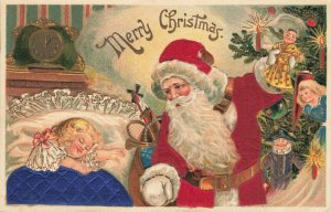 Merry Christmas Embossed Red Suited Silk Santa Claus Postcard