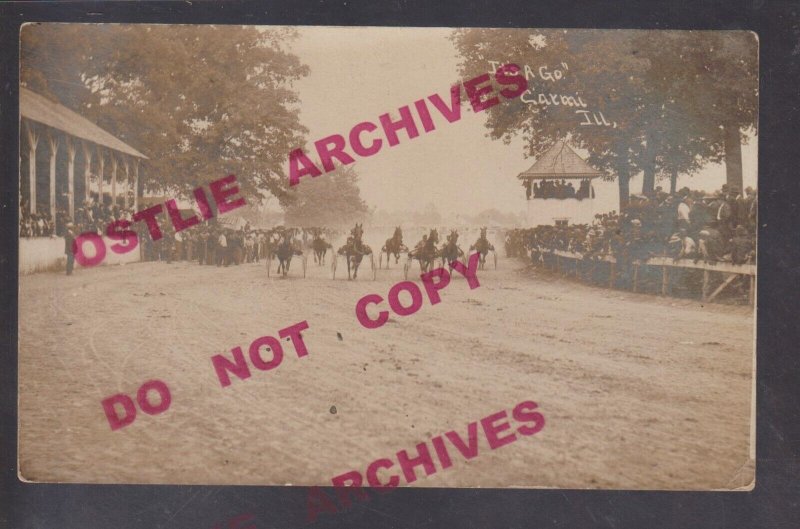 Carmi ILLINOIS RPPC 1909 HARNESS RACE Horse Racing UNDERWAY nr Mt. Vernon IL