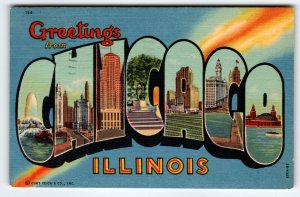 Greetings From Chicago Illinois Large Letter Linen Postcard Vintage Curt Teich