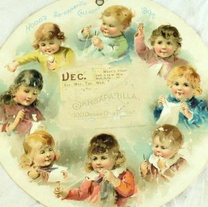 1892 Lovely Kids Hood's Sarsaparilla Calendar Round Victorian Trade Card &I