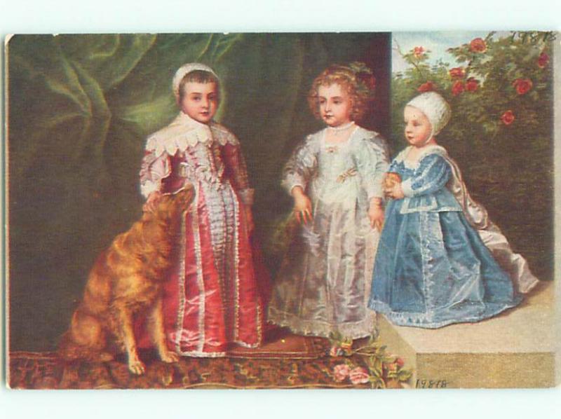 Pre-Linen signed VANDYKE PAINTING ON POSTCARD - BEAUTIFUL DOG WITH KIDS J3616