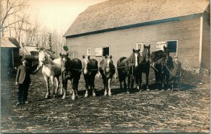 VTG Real Photo Postcard RPPC 1910s Cyko Horses Lined Up In Front of Barn Farm 