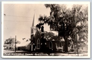 Brooksville FL 1st Methodist Church~Texaco Down Street~Spanish Moss~c1950~RPPC