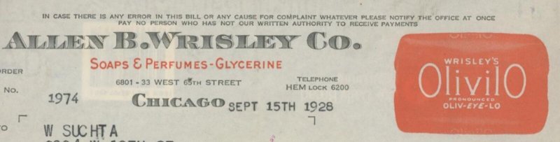 1928 CHICAGO IL ALLEN B WRISLEY CO SOAPS PERFUNES GLYCERINE INVOICE 27-81 