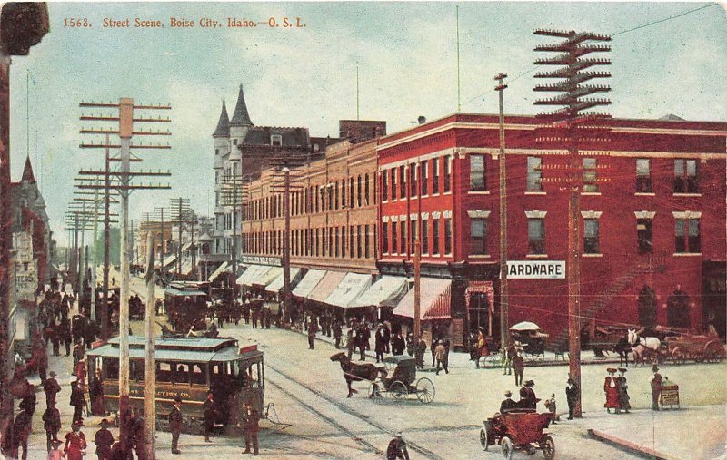 F79/ Boise City Idaho Postcard c1910 Street Scene Trolley Stores Crowd 