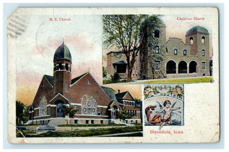 1912 M.E Church And Christian Church Bloomfield Iowa IA Antique Postcard