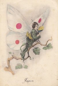 WW1 Japanese Woman with Fairy Wings Butterfly Moth Kimono Antique Postcard