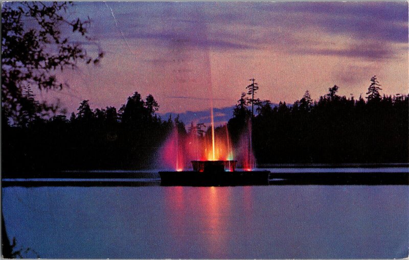 1960 Lost Lagoon Fountain Stanley Park Vancouver BC Postcard Sunset Lake Forest