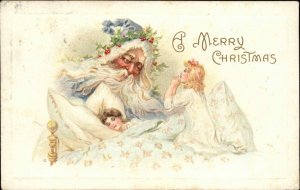 Christmas Fantasy Santa Claus in Blue Robe with Little Girls c1910 Postcard