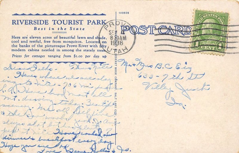 Riverside Tourist Park Cabins Provo Utah 1936 postcard