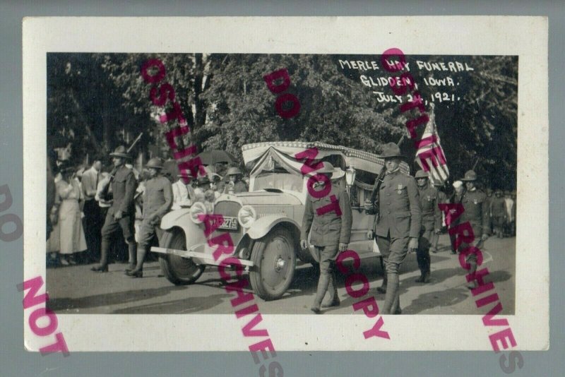 Glidden IOWA RPPC 1921 FUNERAL MERLE HAY Soldier WW1 Hearse FIRST AMERICAN DEATH