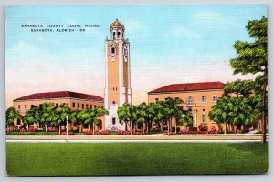 Sarasota Florida~County Courthouse Bldg~Palm Trees~Tower~1938 Linen Postcard