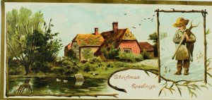 Victorian Christmas Trade Card Cottage Pond Boy Snow &O
