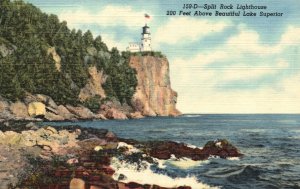 Split Rock Lighthouse Above Beautiful Lake Superior Minnesota Vintage Postcard
