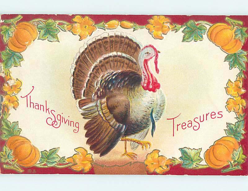 Pre-Linen thanksgiving COLORFUL TURKEY SURROUNDED BY HALLOWEEN PUMPKINS HQ7543