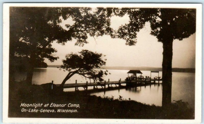 RPPC  LAKE GENEVA, Wisconsin  WI   Moonlight on ELEANOR CAMP Pier  Postcard