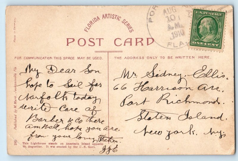 c1910 St. Augustine Florida FL Vintage Postcard Lighthouse High Tower Posted