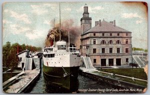 Sault Ste Marie Michigan 1907 Postcard Passenger Steamer Coming Out Of Locks