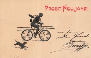 PROSIT NEU JAHR! SILHOUETTE CHIMNEY SWEEP RIDING BICYCLE~1912 AUSTRIA POSTCARD