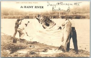 RAINY RIVER ONT. CANADA FISHING EXAGGERATED ANTIQUE REAL PHOTO POSTCARD RPPC