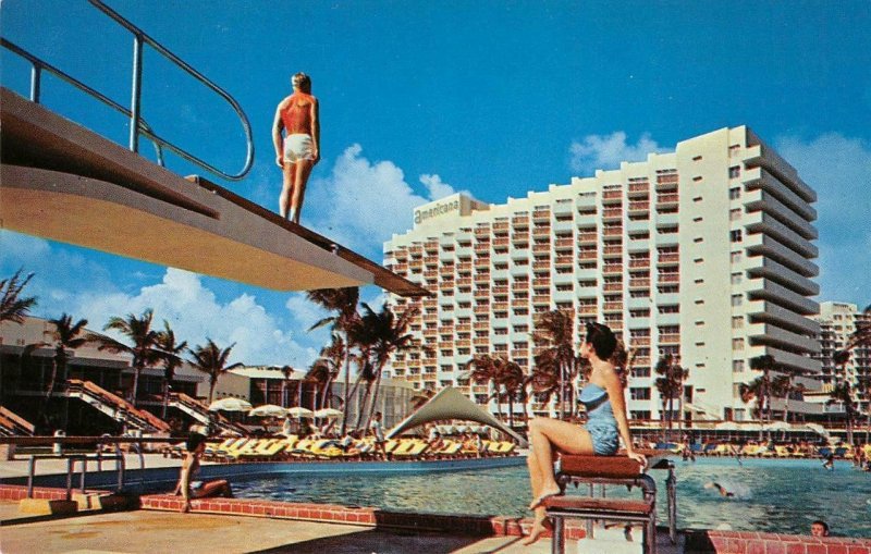 Miami Beach, Florida AMERICANA HOTEL Swimming Pool c1950s Vintage Postcard