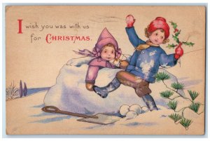 1926 Christmas Children Holly Berries Snowball Shovel Hartford CT Postcard