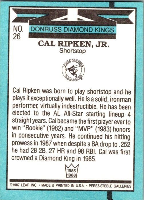 1987 Donruss Baseball Card Cal Ripken Jr Baltimore Orioles sk20730