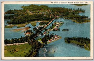 Orchard island Indian Lake Ohio 1940s Postcard Aerial View Cottages