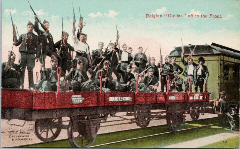 Belgium Guides Off To The Front WW1 Soldiers Military Train Railway Postcard G37