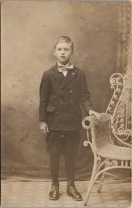 Sweet Boy Wearing Suit Bow Tie Albert Grote Studio Photo RPPC Postcard B21