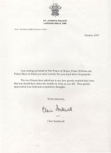 St James Palace Letter Death Of Princess Diana Signed Letter & Official Envelope