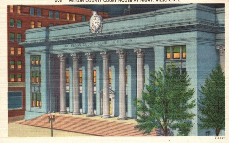 Vintage Postcard 1930's Wilson County Court House At Night Wilson North Carolina