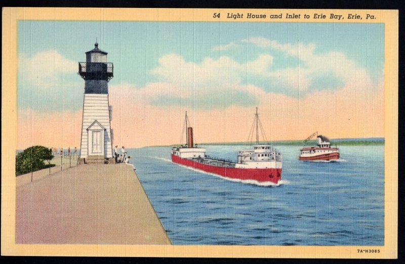 Pennsylvania Light House and Inlet to Erie Bay ERIE with Ship Tugboat - LINEN