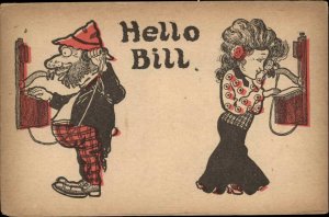 Pretty Woman Comic Telephone Flirt Fat Big Nose Big Feet Man c1910s Postcard