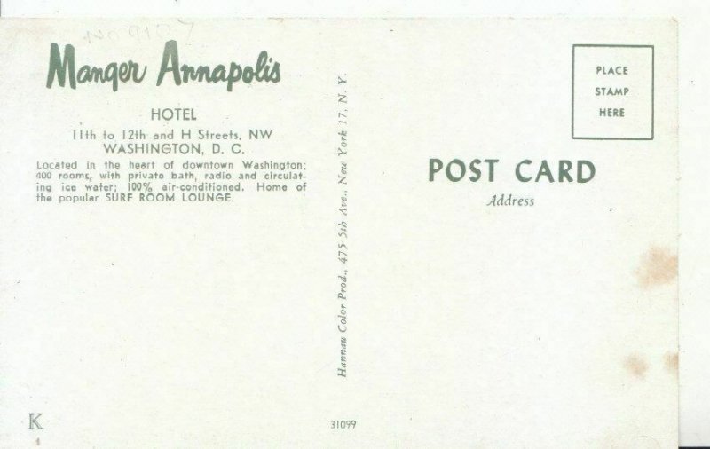 America Postcard - Manger Annapolis Hotel - Washington D.C. - Ref 2995A