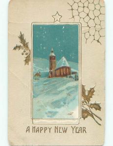 Edge Tear Pre-Linen new year SNOW-COVERED CHURCH WITH GOLDEN HOLLY k5205