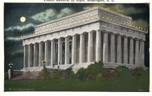 Vintage Postcard 1920's View Lincoln Memorial Building By Night Washington D.C.