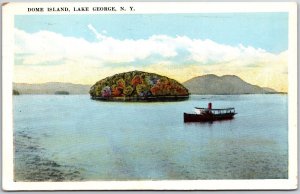 New York NY, 1929 Dome Island, Lake George, Fishing Boat, Vintage Postcard