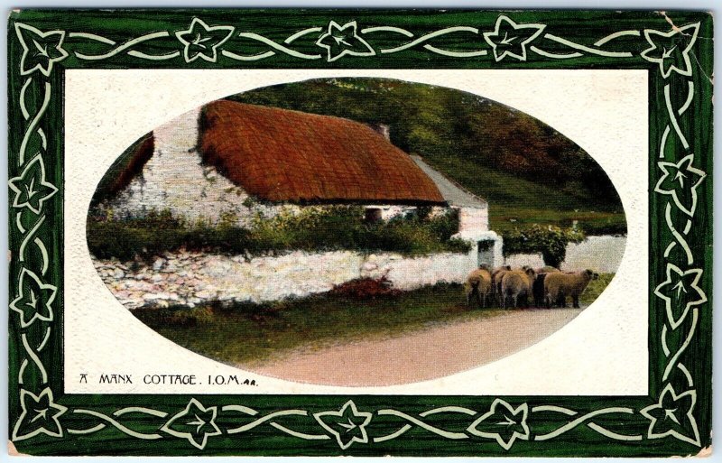 c1910s Isle of Man, British Crown, UK Manx Cottage Postcard Sheep Farm A79