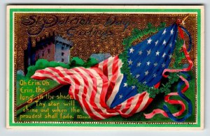 St Patrick's Day Postcard Barton Spooner Gold Gel US Flag Castle Embossed Unused