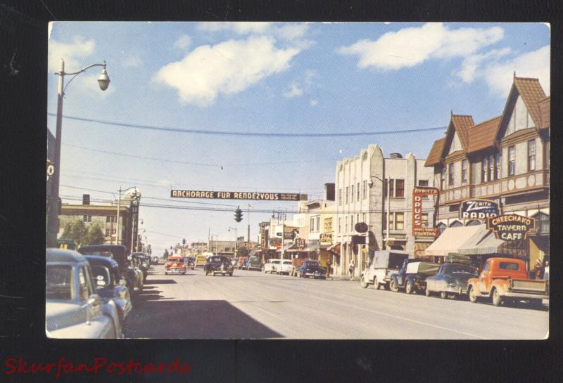 ANCHORAGE ALASKA DOWNTOWN FOURTH AVENUE STREET SCENE 1950's CARS POSTCARD