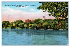 Wisconsin River Showing ST. Savior's Hospital Water Tower Portage WI Postcard 