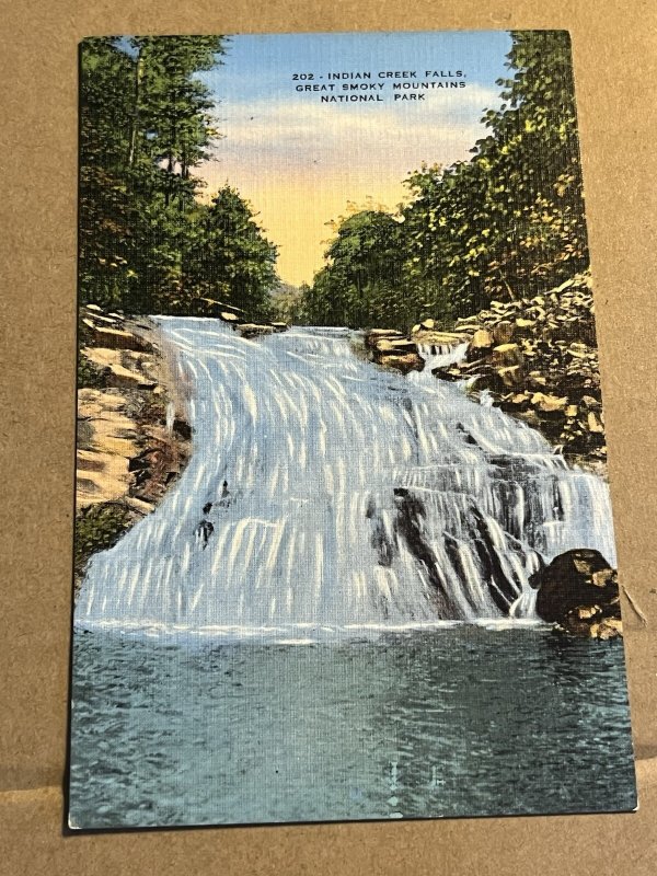 UNUSED LINEN POSTCARD - INDIAN CREEK FALLS, GREAT SMOKY MOUNTAINS NATIONAL PARK