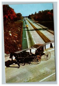 Vintage 1950's Postcard Amish Horse & Buggy Over the Pennsylvania Turnpike