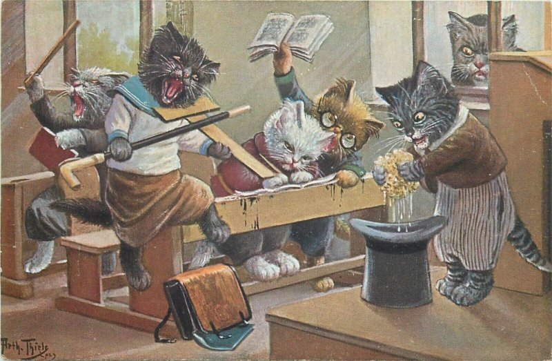 Artist signed ARTHUR THIELE humanized comic cats school classroom postcards lot 