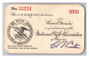 National Rifle Association NRA Vintage 1931 Annual Membership Card 